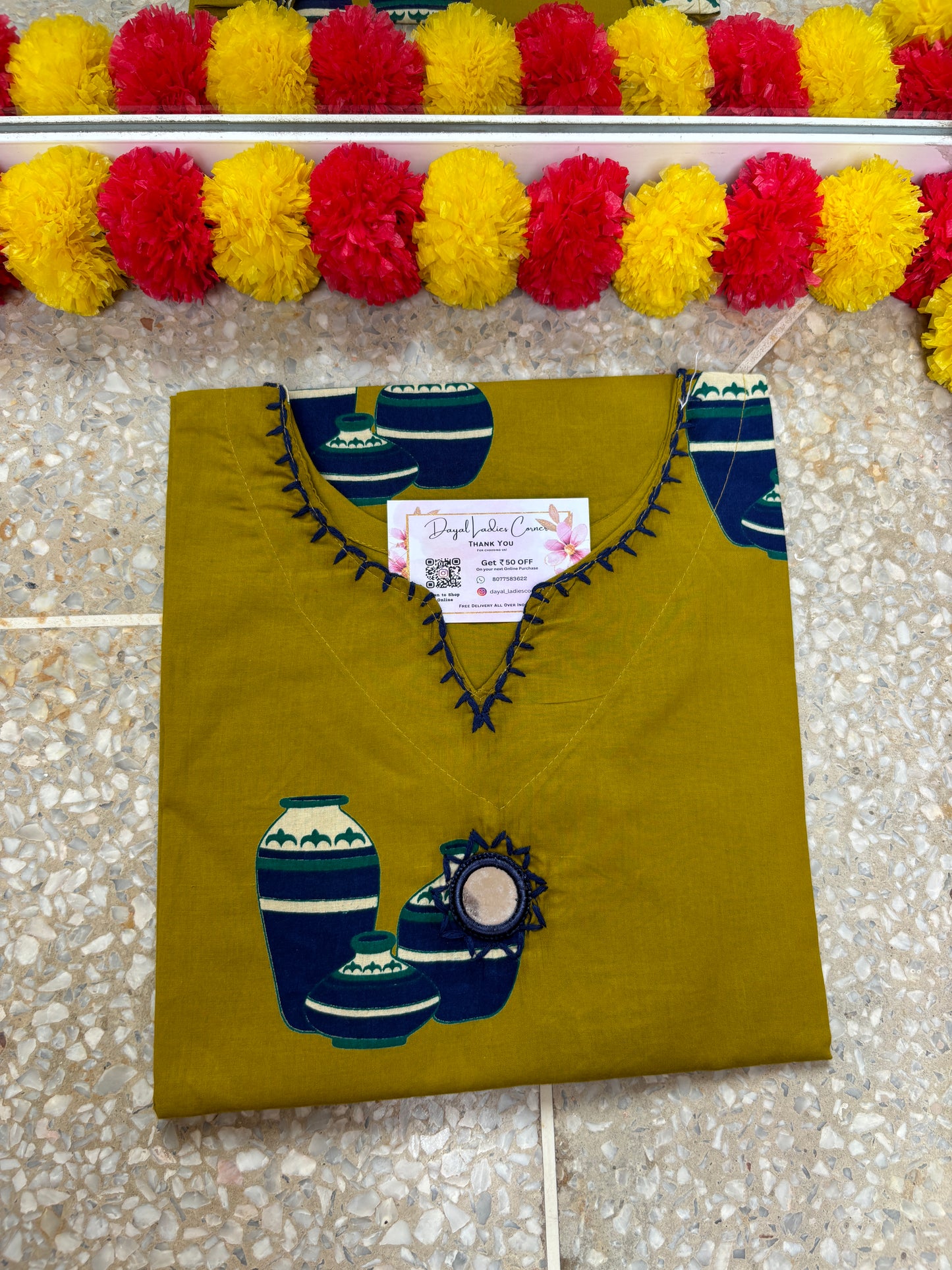 Cotton Kurti with mirror - Green