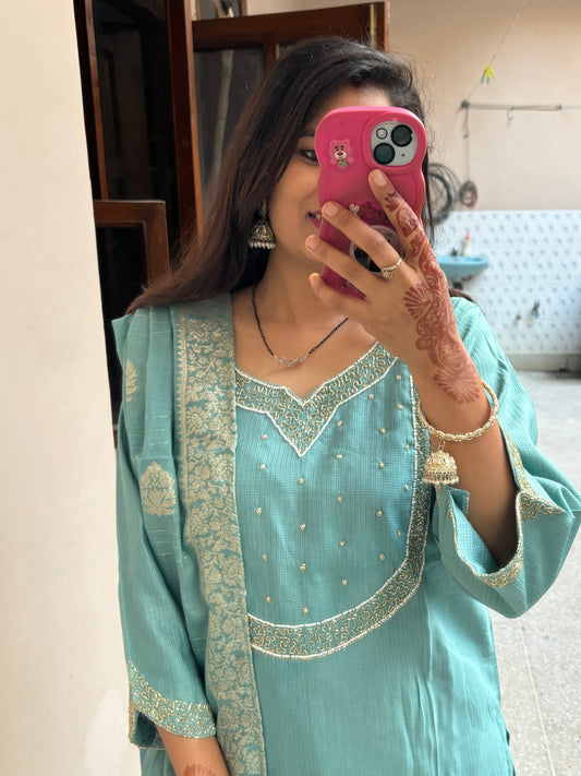 Festive Light Blue Hand embroidered suit