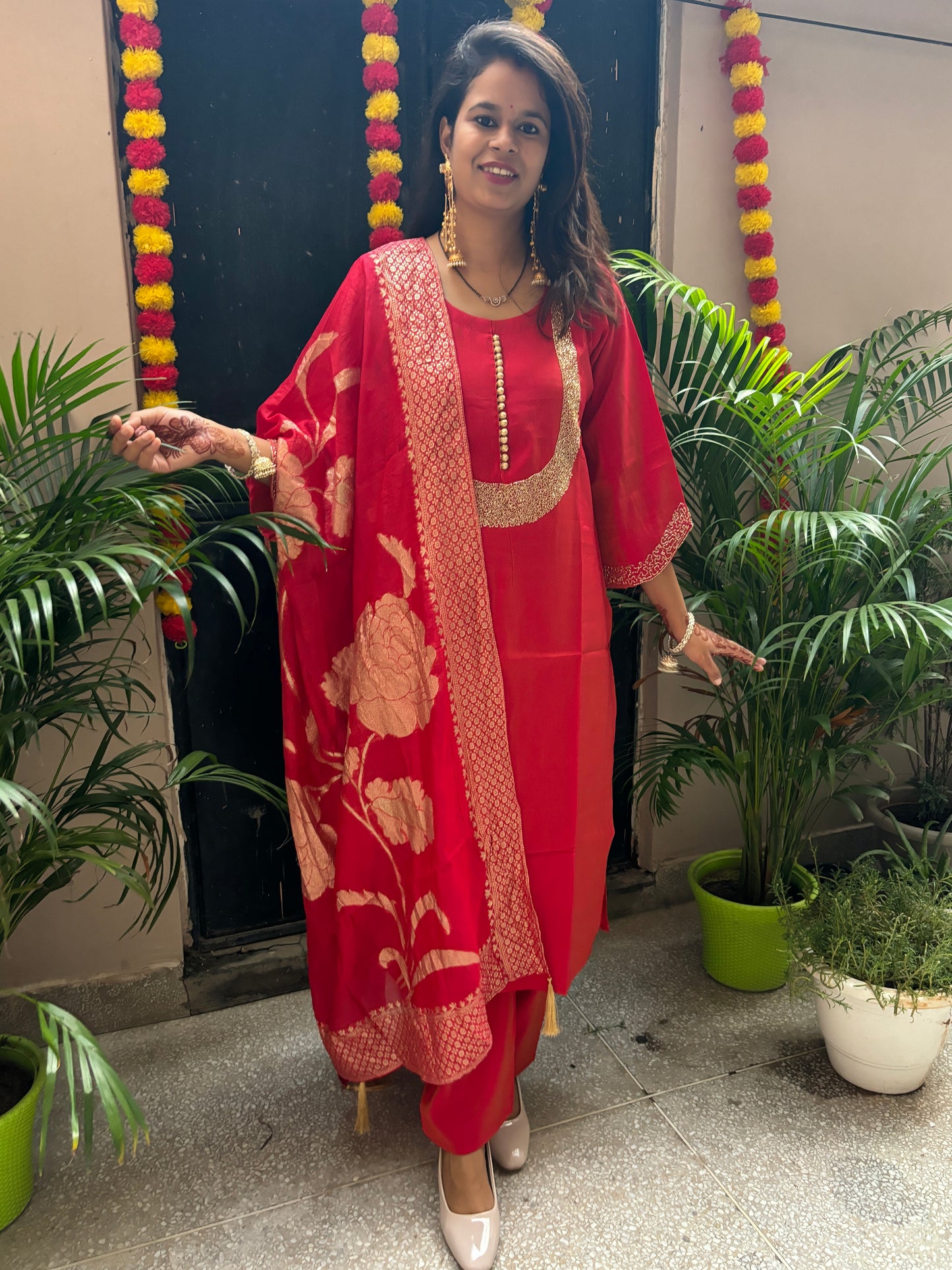 Festive Russian silk Hand embroidered suit - Red