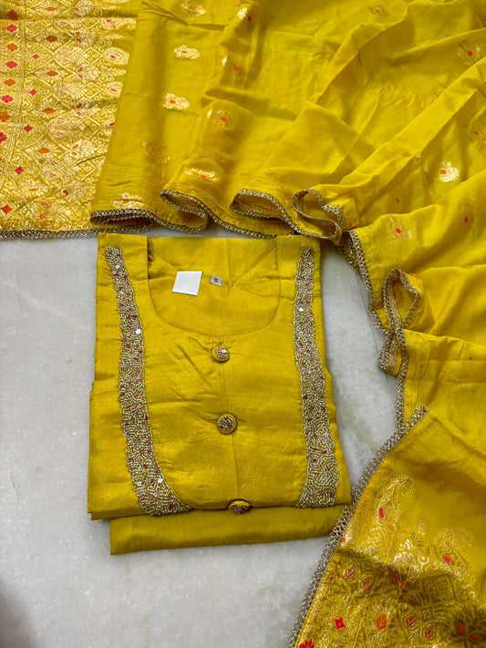 Tissue Shimmer hand embroidered Suit Set - Yellow