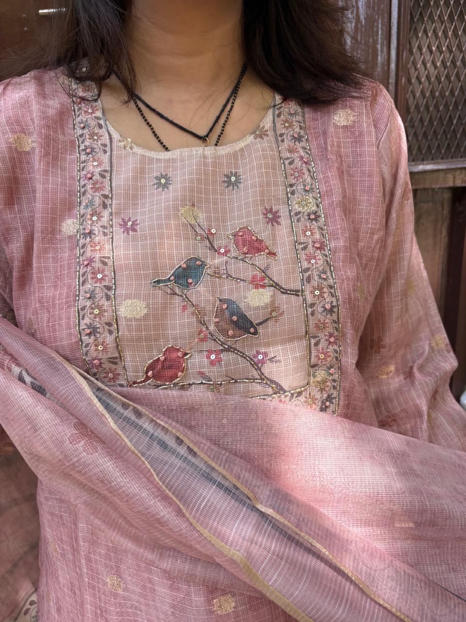 Vintage Rose Silk fully hand embroidered Printed Suit Set