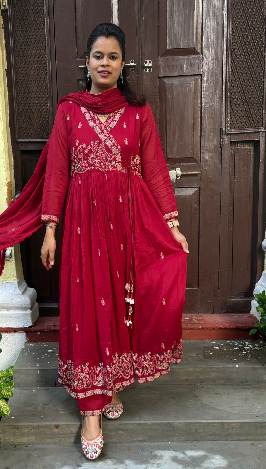 🌺Festive Red Radiance -Premium Cotton Anarkali Suit Set