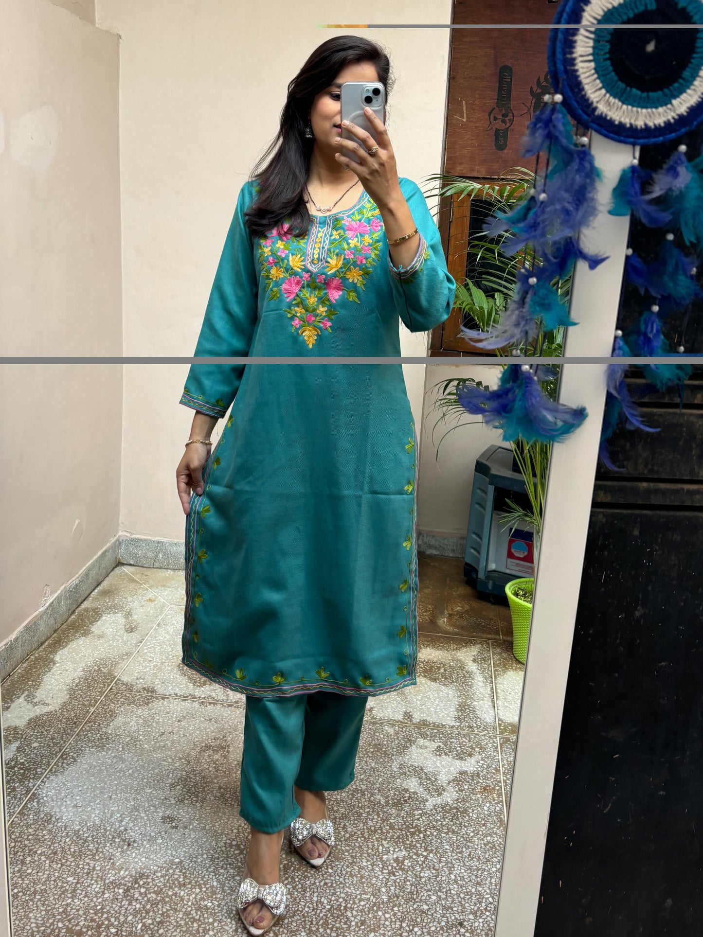 Kashmiri Kurta Pant Set - Teal Blue