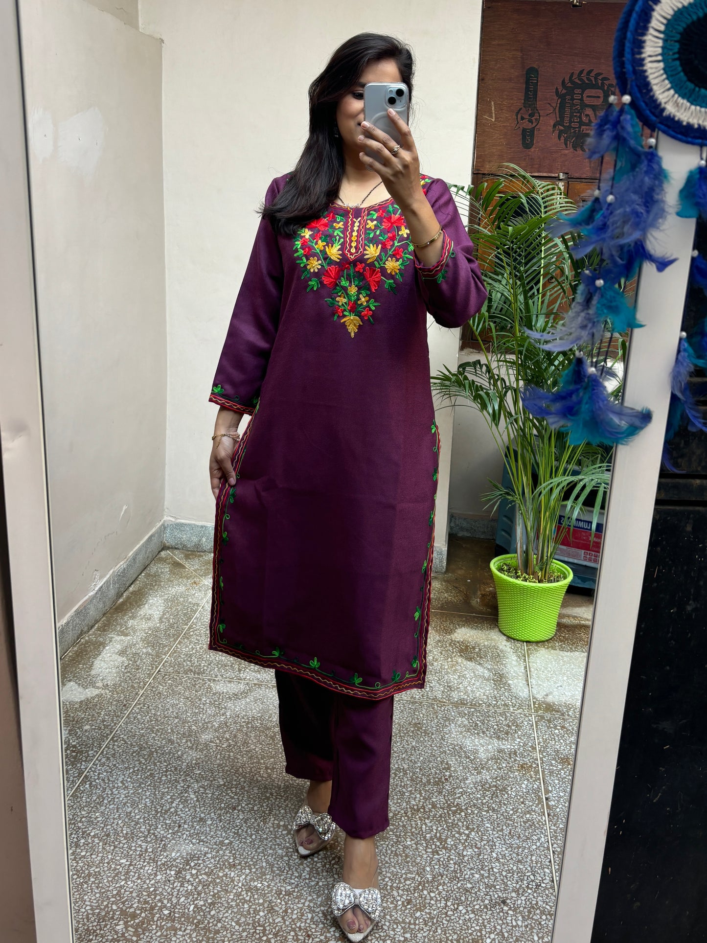 Kashmiri Kurta Pant Set - Deep Wine