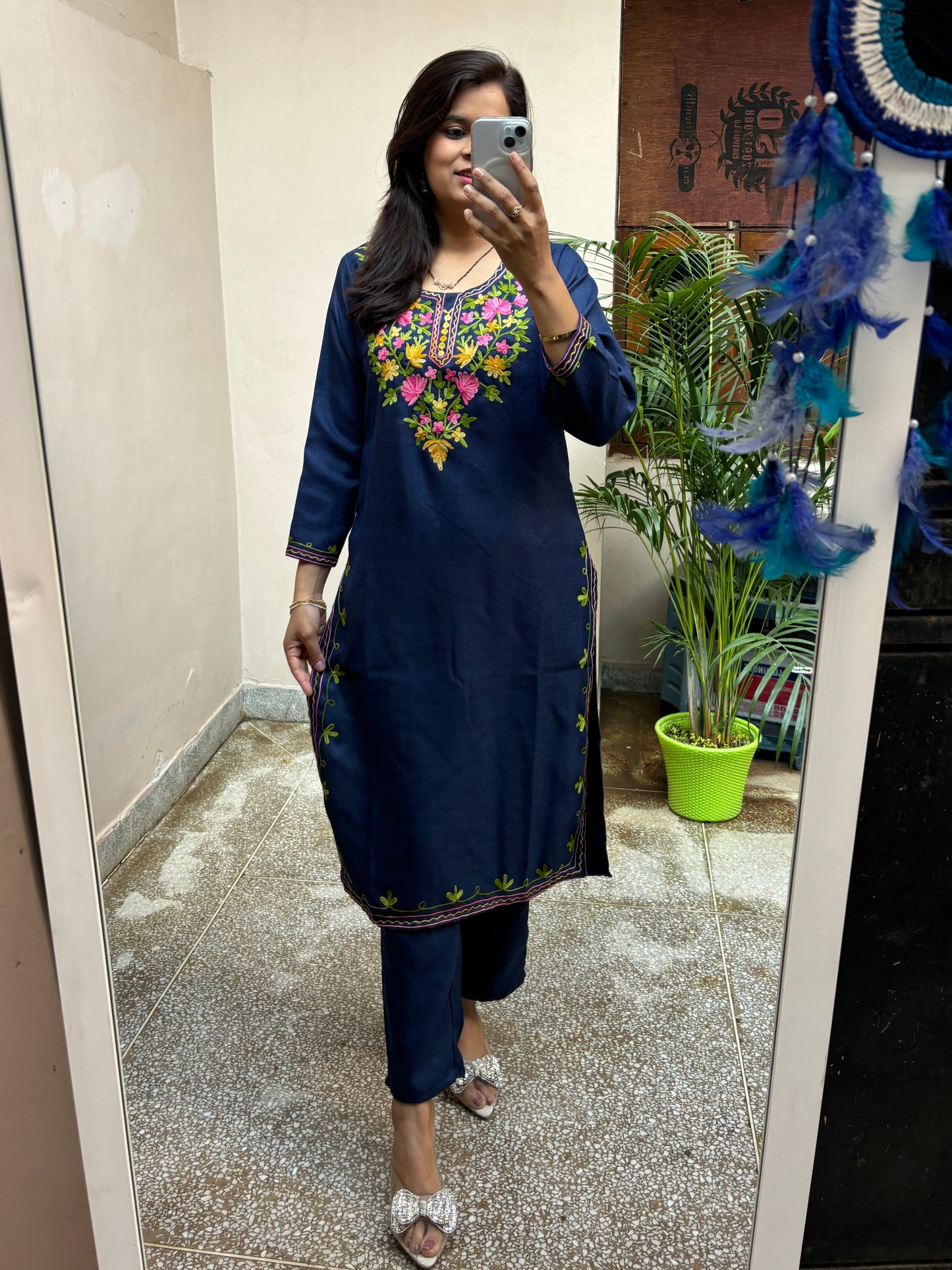 Kashmiri Kurta Pant Set - Navy Blue