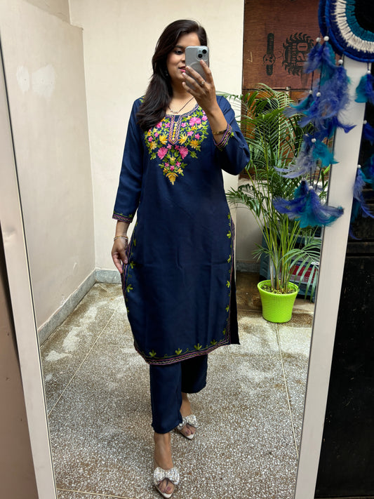 Kashmiri Kurta Pant Set - Navy Blue