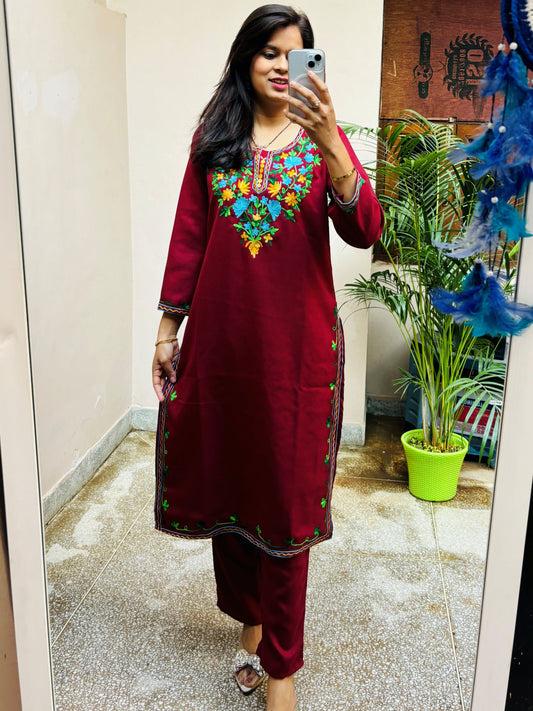 Kashmiri Kurta Pant Set - Rusty Maroon