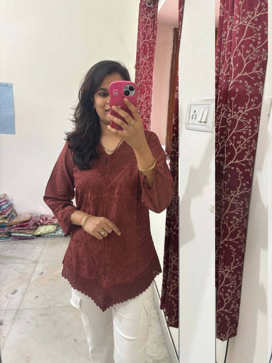 Viral Aari Embroidered- Short Kurti brown