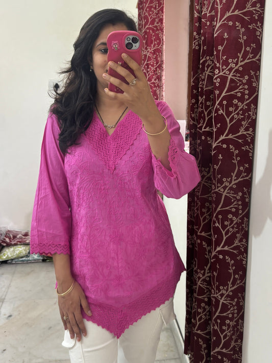 Viral Aari Embroidered- Short Kurti Pink