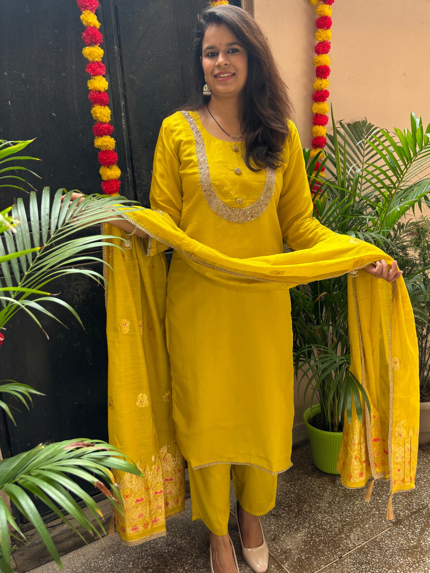 Tissue Shimmer hand embroidered Suit Set - Yellow