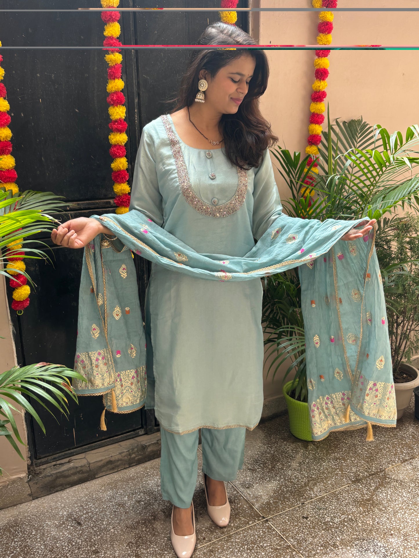 Tissue Shimmer hand embroidered Suit Set - Blue
