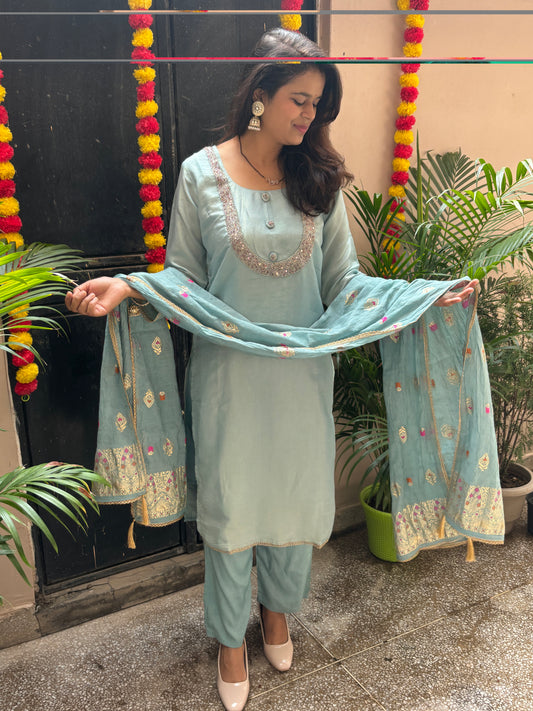 Tissue Shimmer hand embroidered Suit Set - Blue