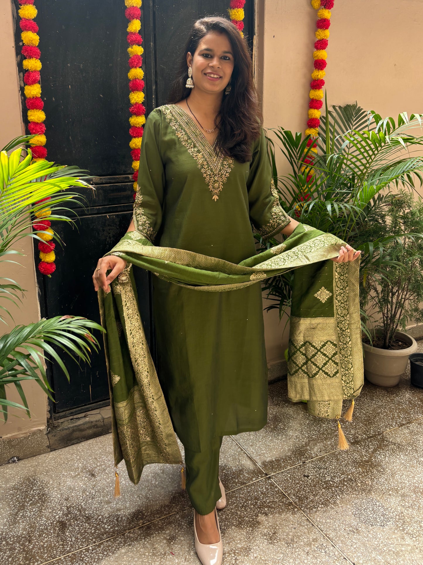 Hand Embroidered Silk Suit - Green