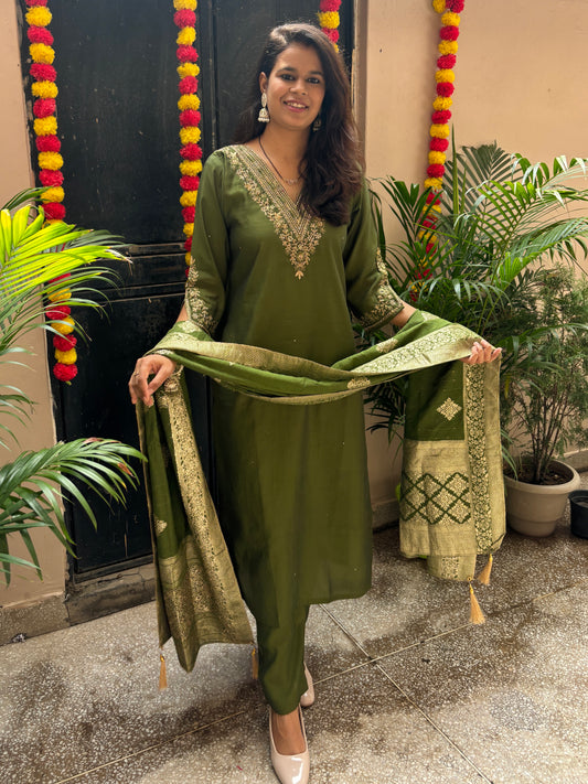 Hand Embroidered Silk Suit - Green