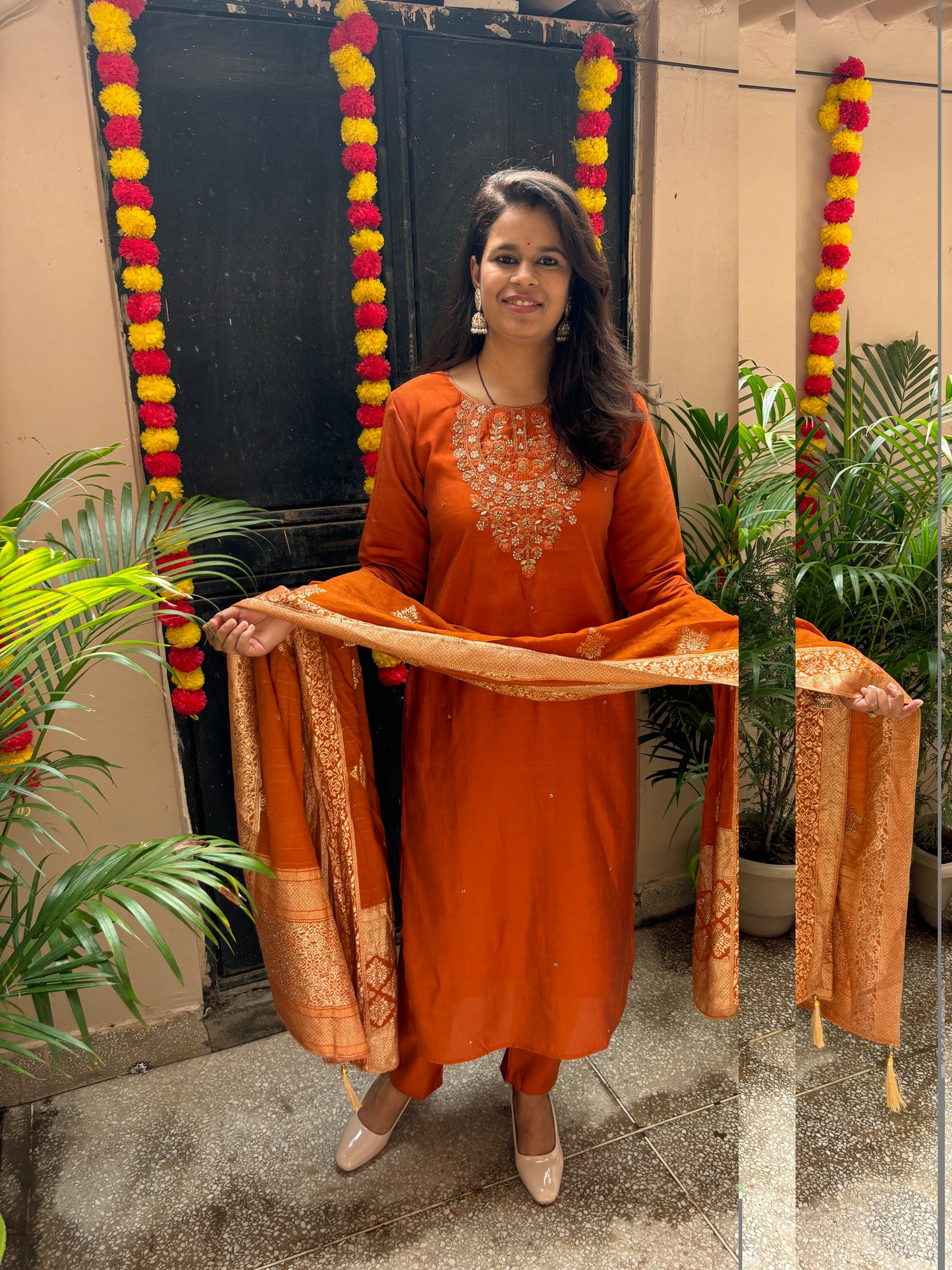 Hand Embroidered Silk Suit - Rust Era