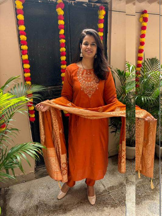 Hand Embroidered Silk Suit - Rust Era