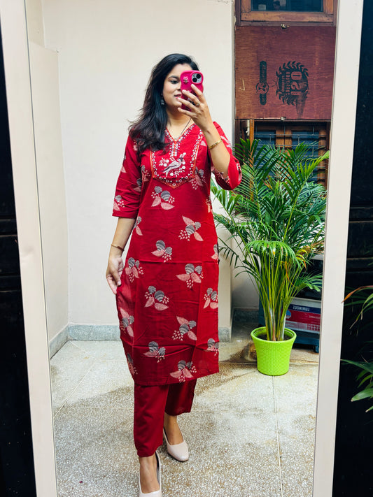 Smart Cotton Pant Set - Maroon