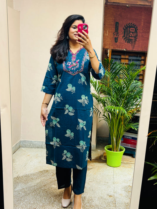 Smart Cotton Pant Set - Blue