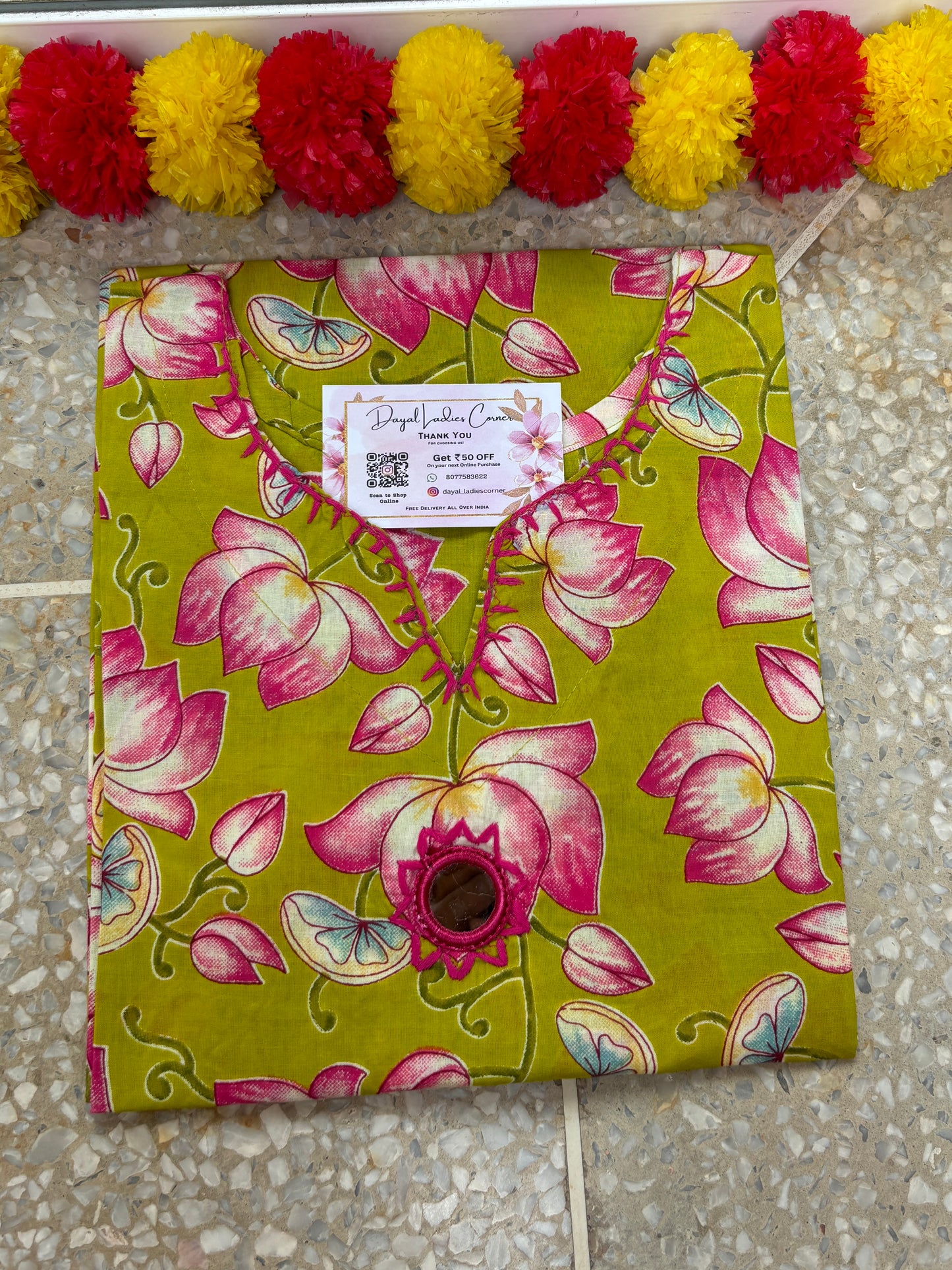 Cotton Kurti with Mirror - Green Floral