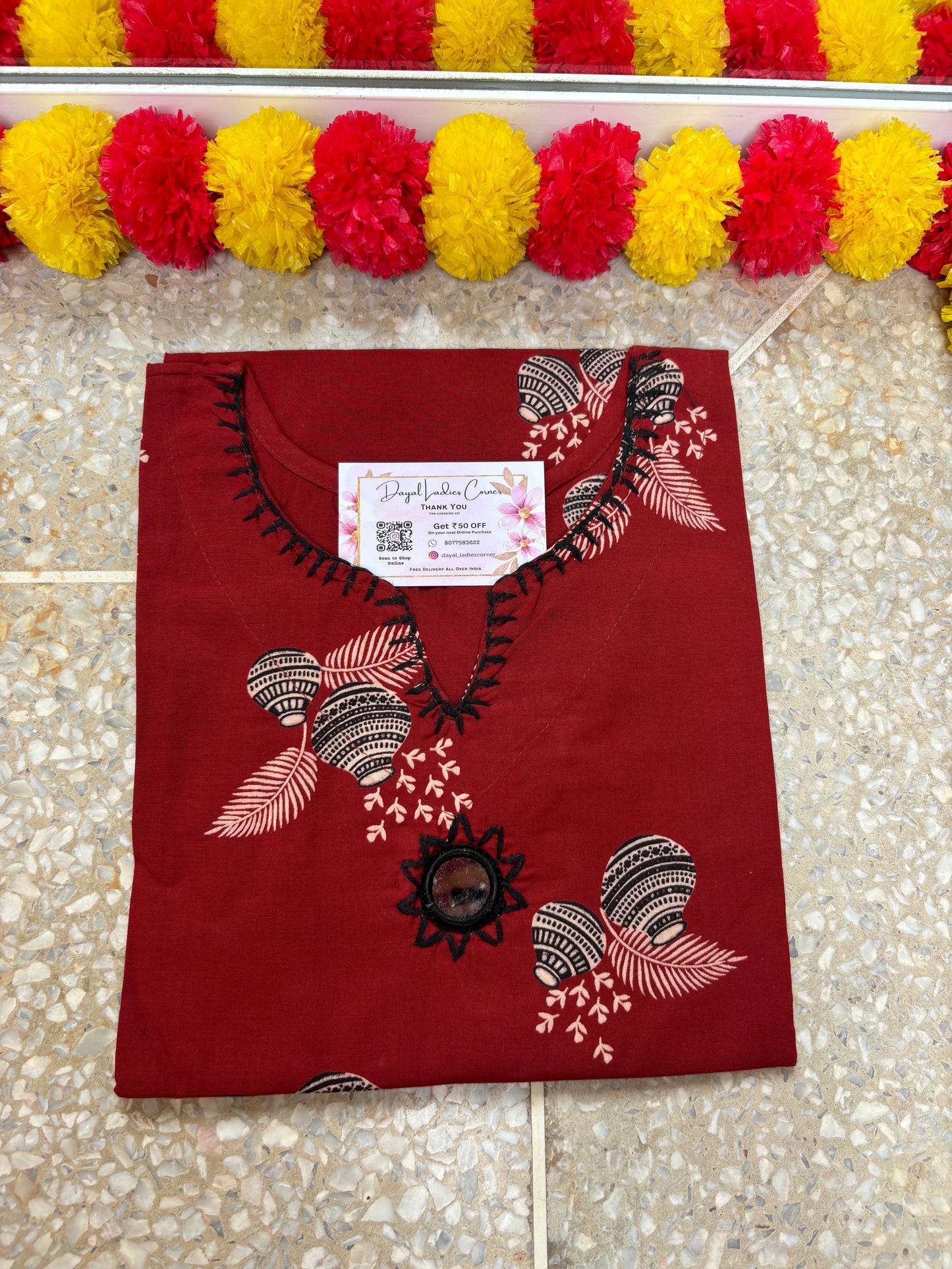 Cotton Kurti with mirror work - Maroon