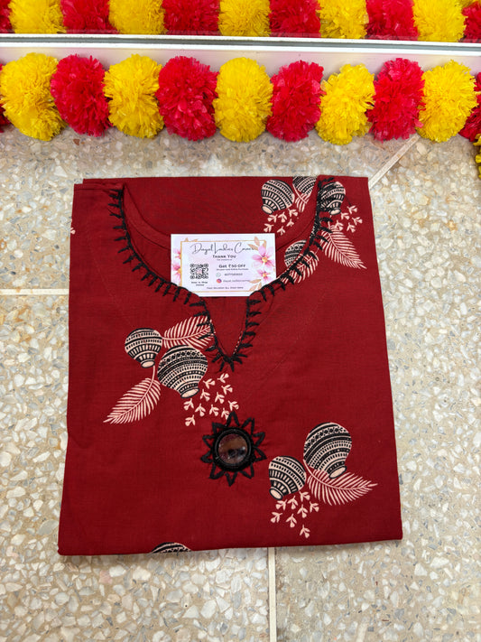 Cotton Kurti with mirror work - Maroon