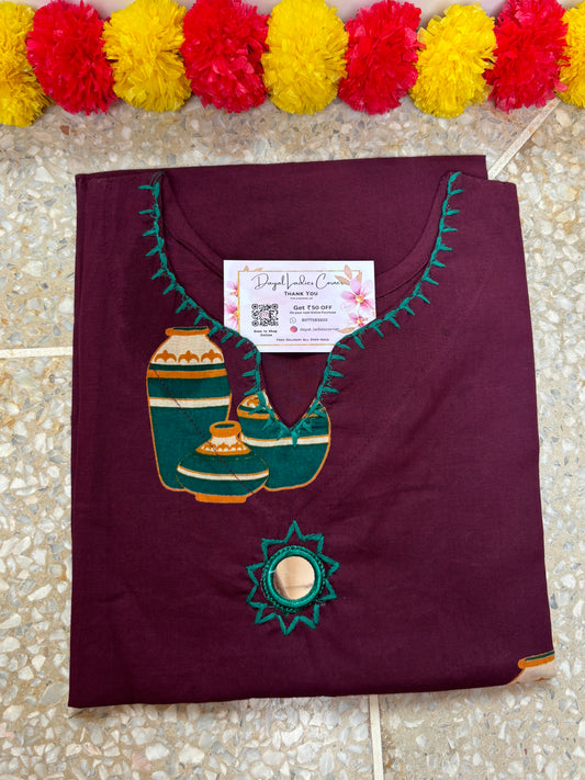 Cotton Kurti with mirror work - Burgundy