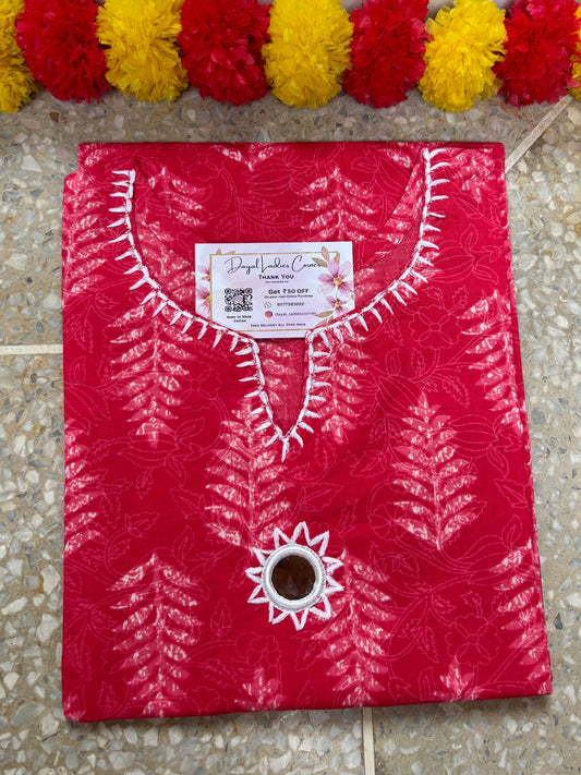 Cotton Kurti with mirror work - Cherry Red Shade