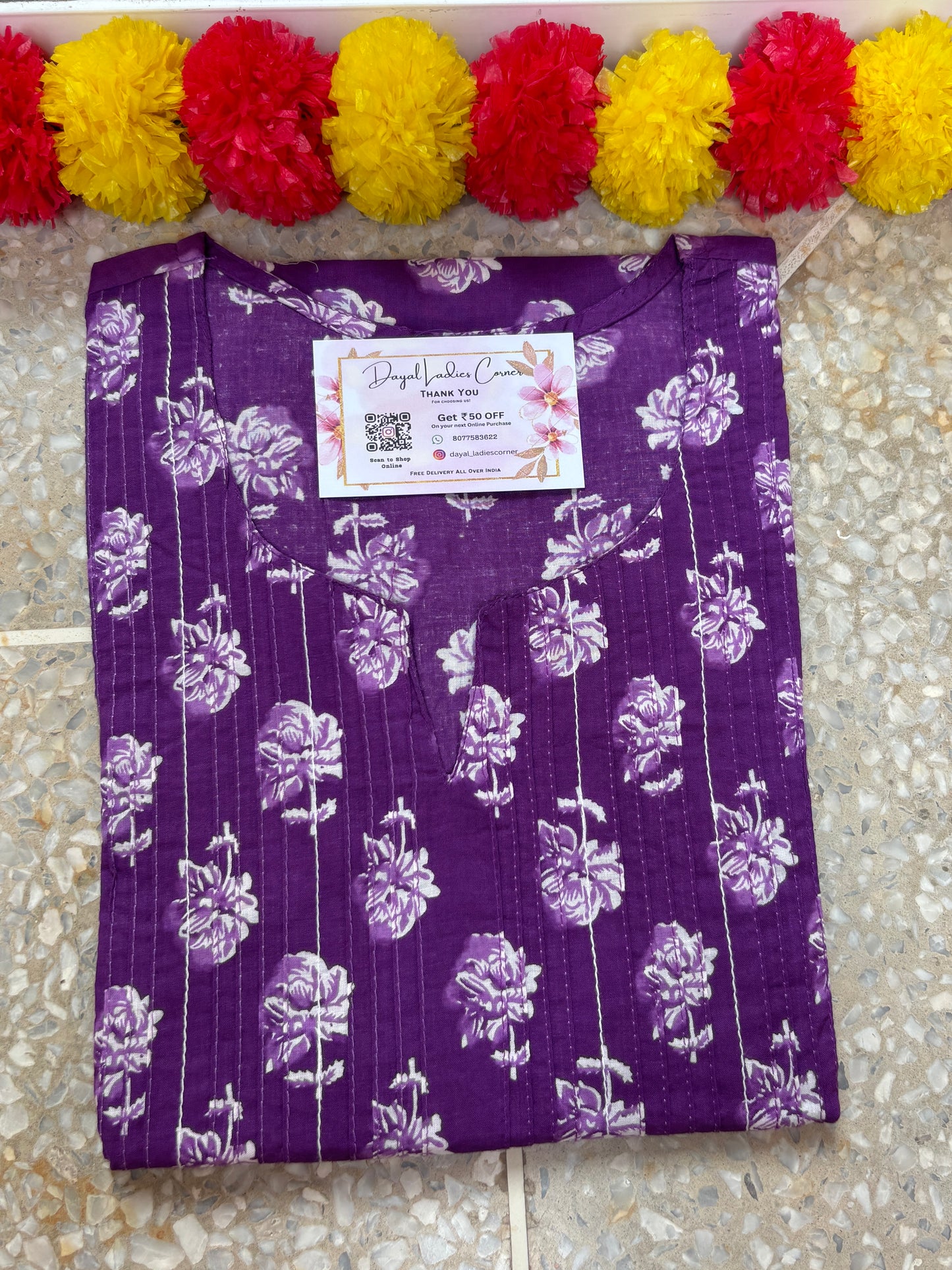 Pintex Cotton Kurti - Purple Floral