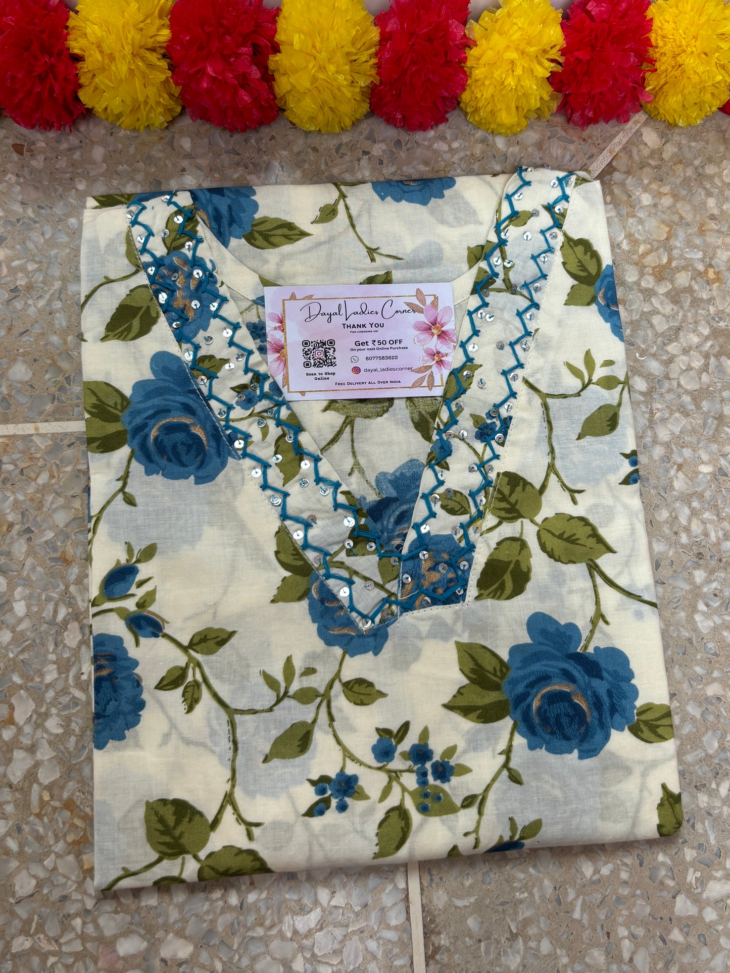 Cotton Kurti - White Floral Hand Embroidered