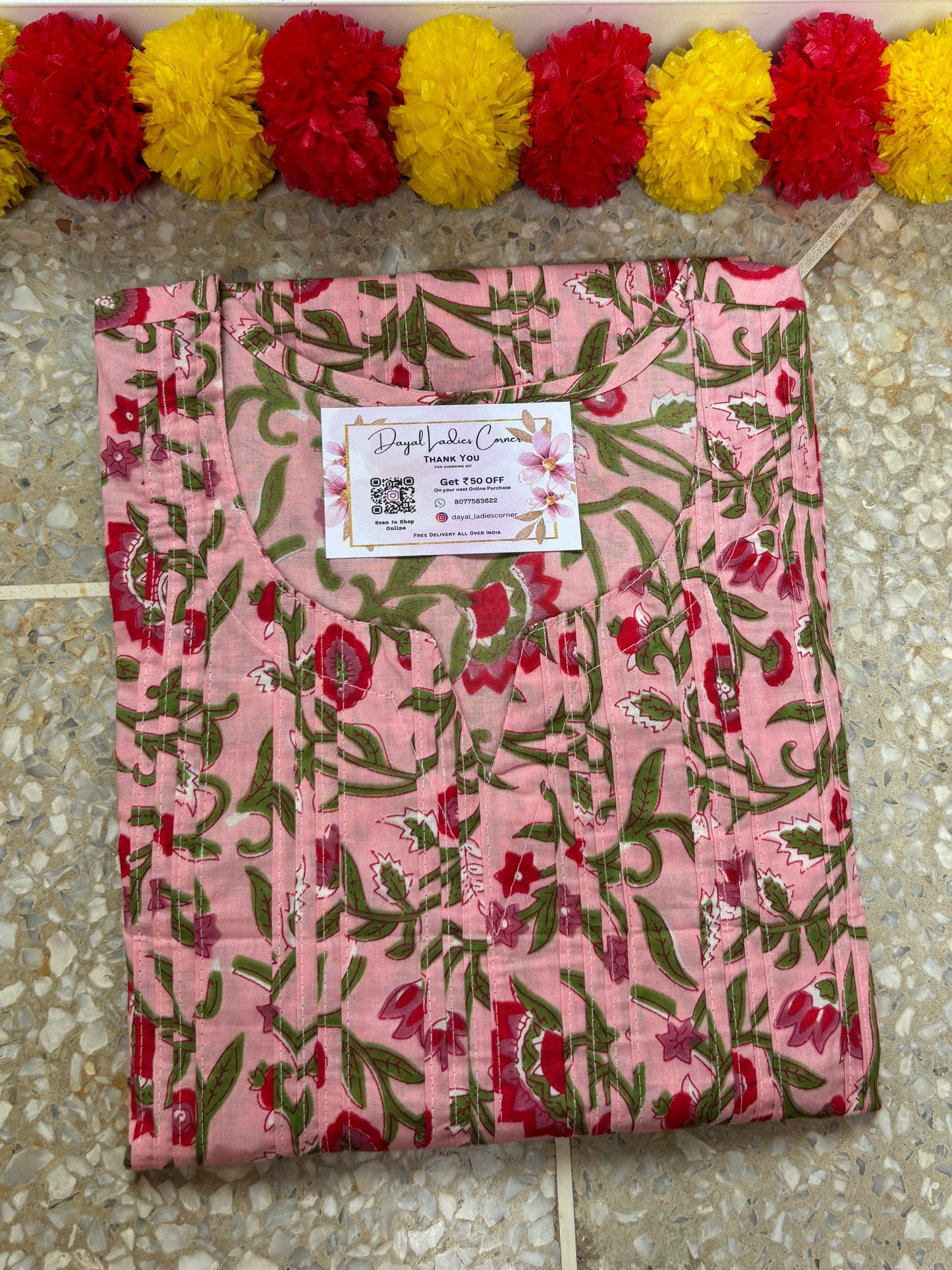 Pintex Cotton Kurti-Pink