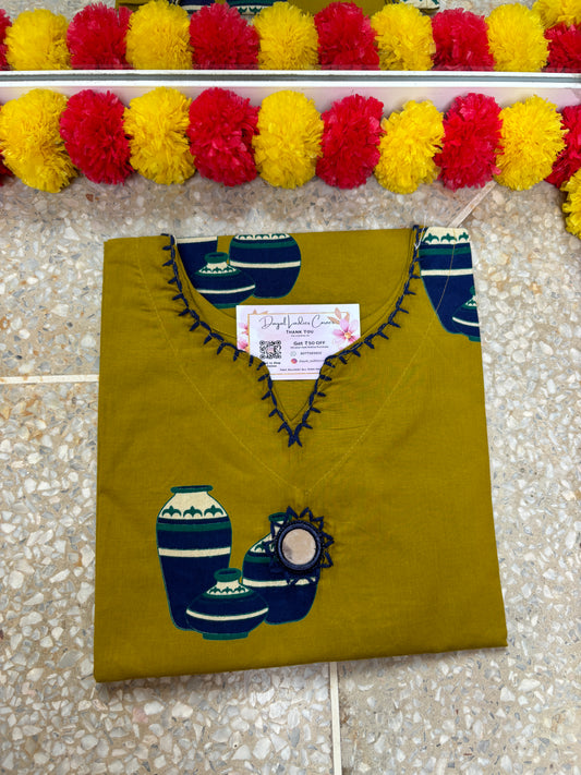 Cotton Kurti with mirror - Green