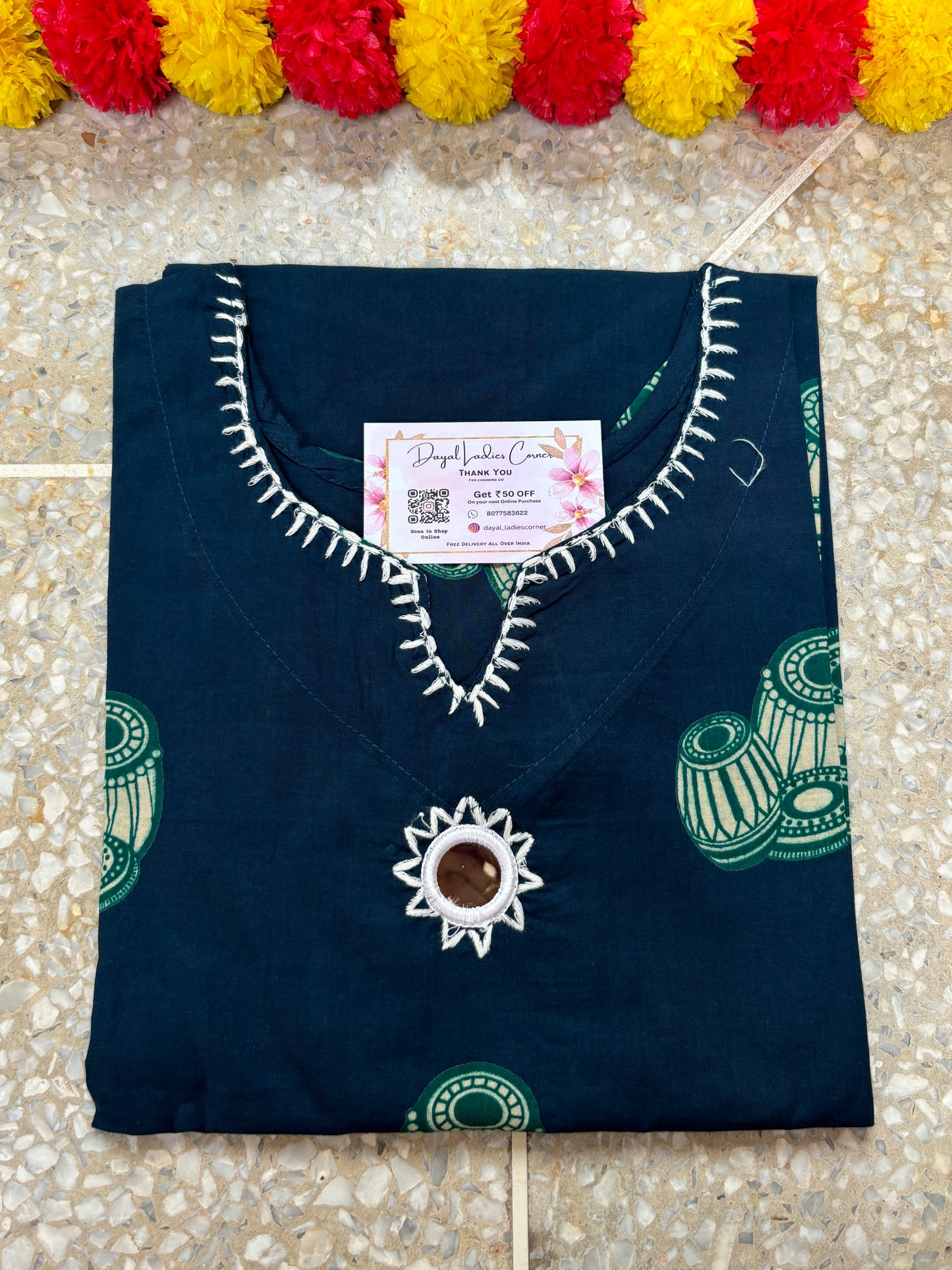 Cotton Kurti with mirror - Navey Blue