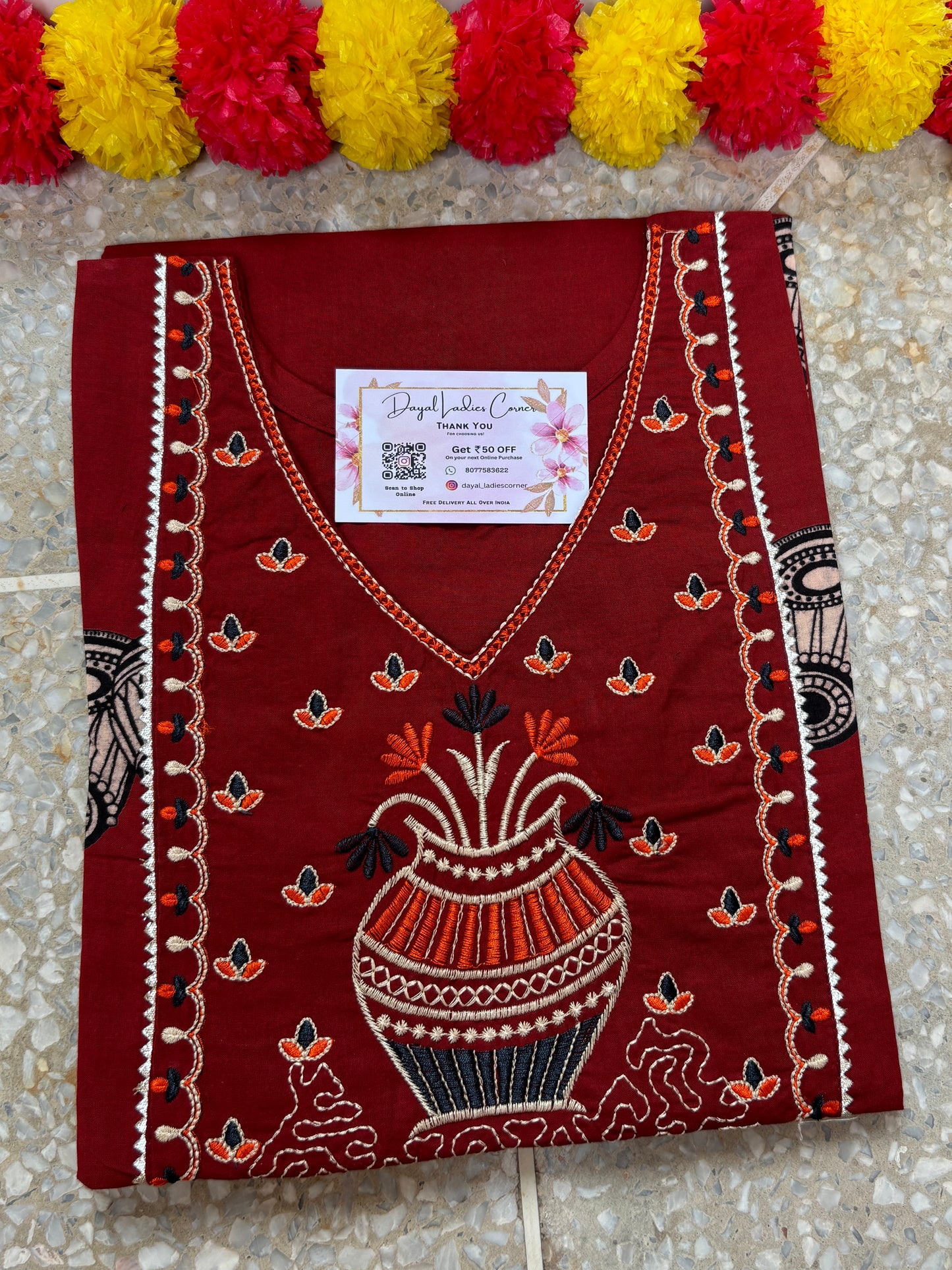 Cotton Kurti with hand work - Maroon