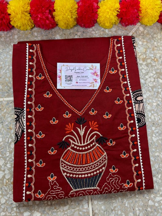 Cotton Kurti with hand work - Maroon