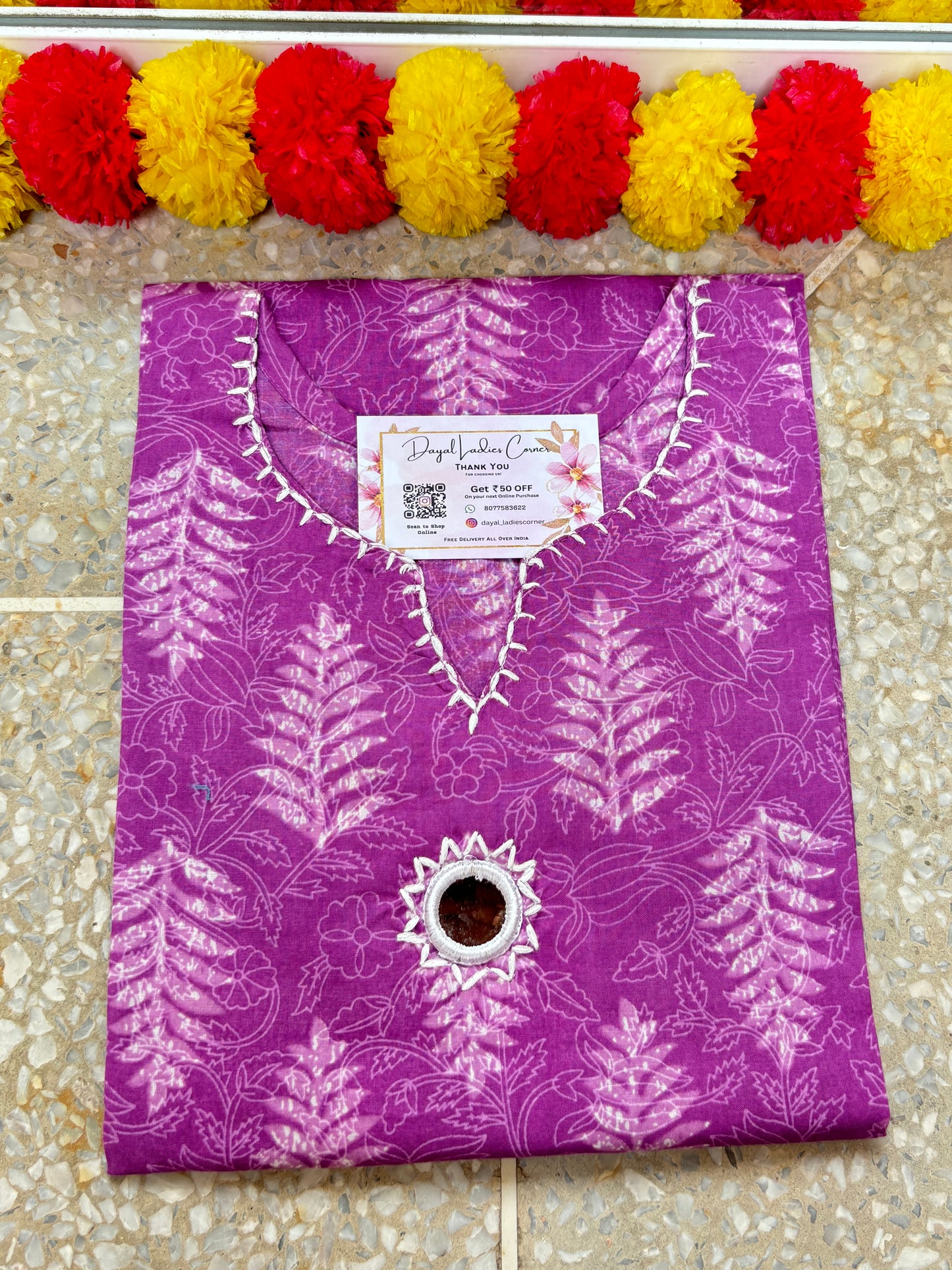Cotton Kurti with mirror - Purple