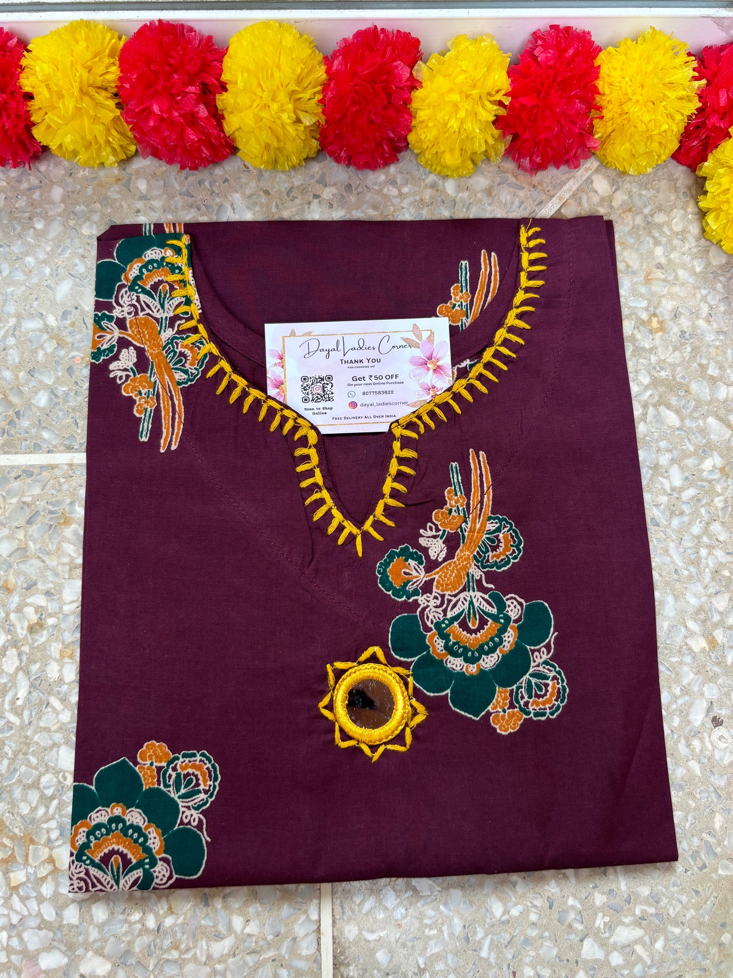 Cotton Kurti with mirror - Burgundy