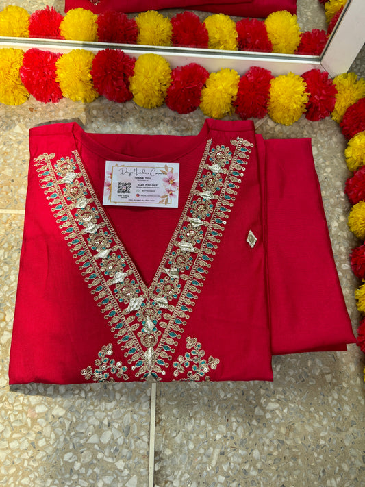 Festive Silk Kurta Pant Set - Red