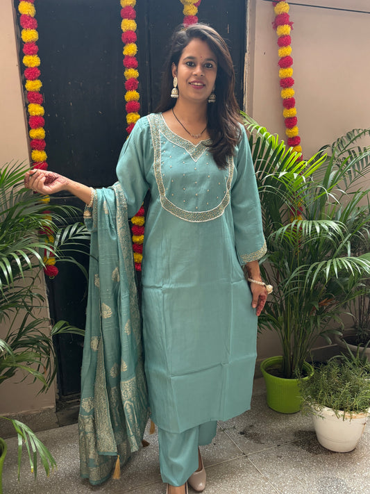 Festive Light Blue Hand embroidered suit