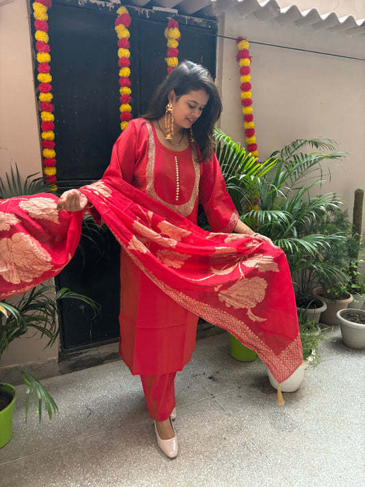 Festive Russian silk Hand embroidered suit - Red