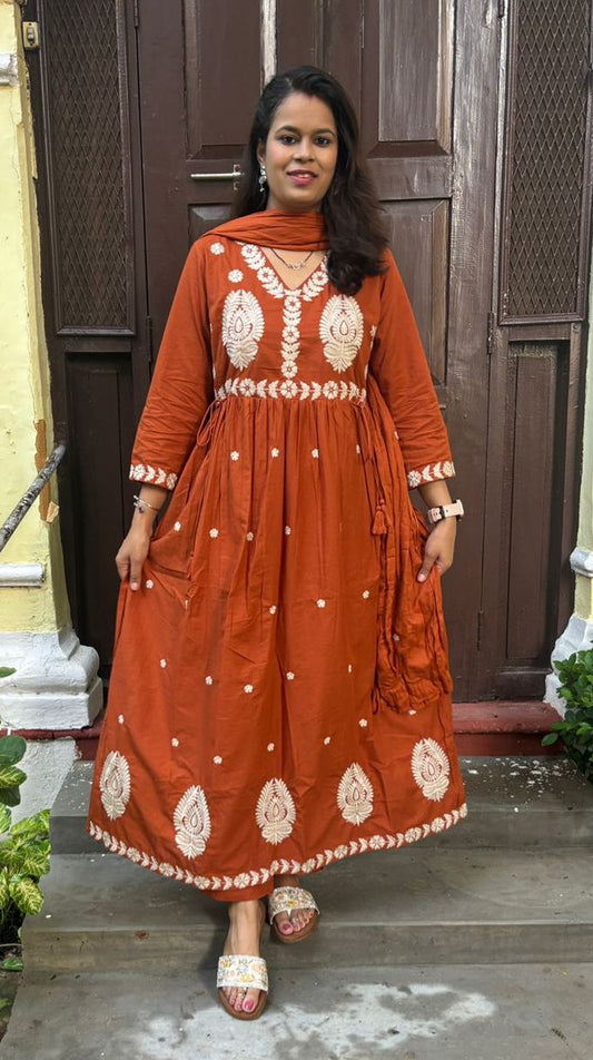 🧡Rust Aura: Pure Cotton Anarkali suit with White Embroidery