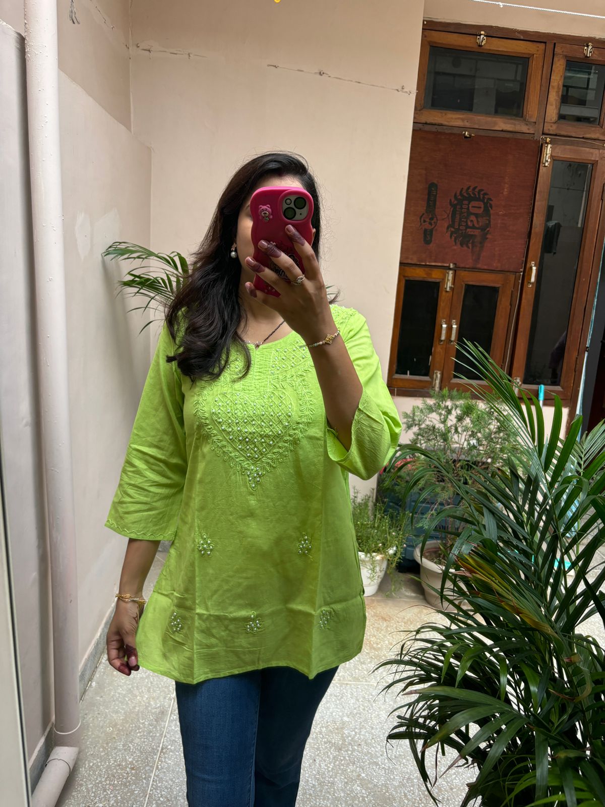Pearl embroidered Short Kurti - Straight