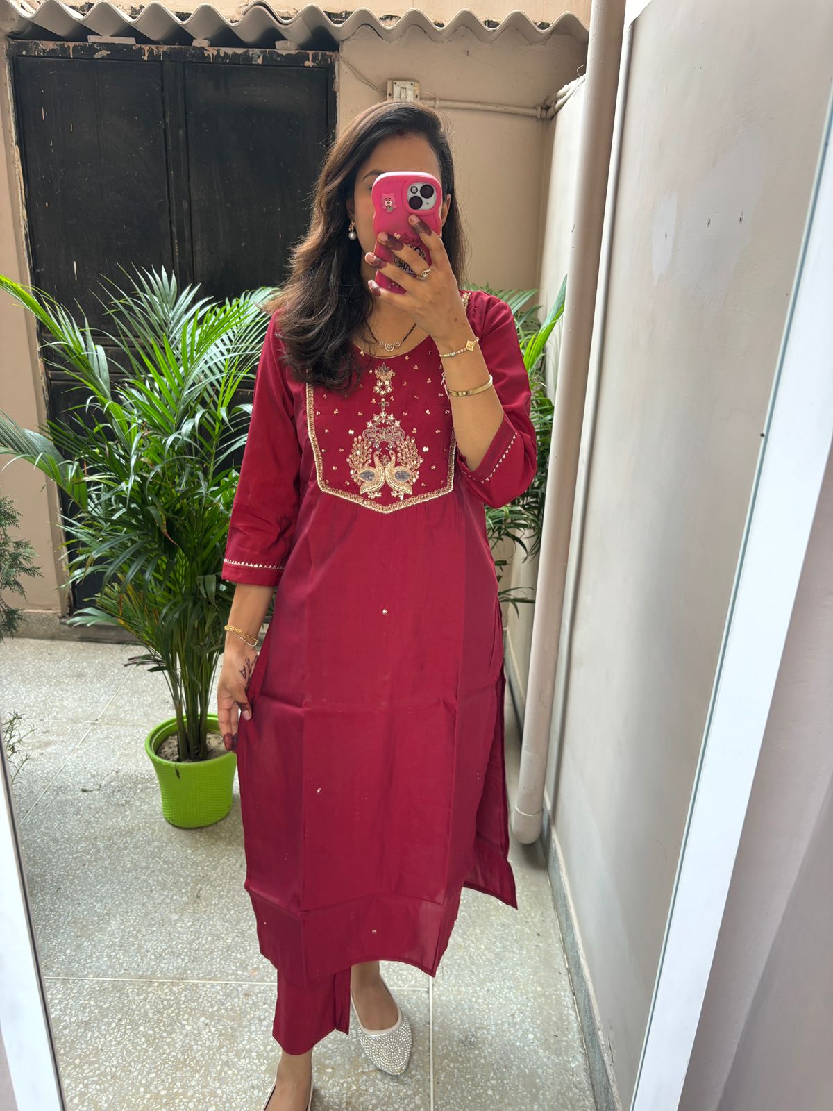 Hand embroidered Muslin pant Set - Maroon