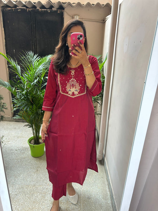 Hand embroidered Muslin pant Set - Maroon