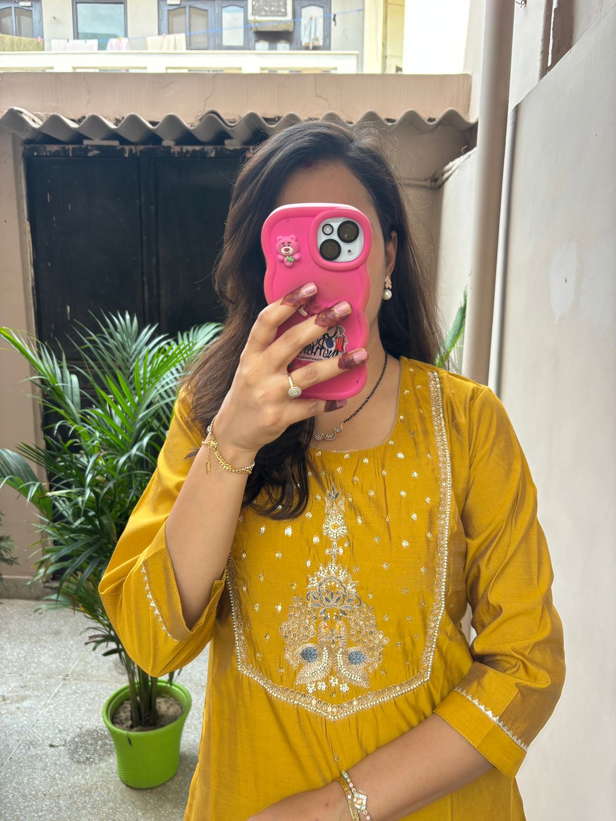 Hand embroidered Muslin pant Set -Mustard