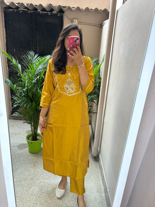 Hand embroidered Muslin pant Set -Mustard