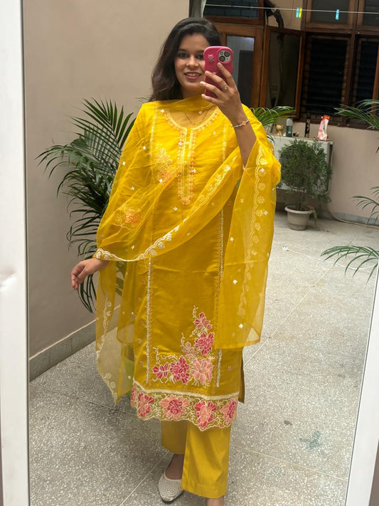 Embroidered Festive Silk Suit with Organza Dupatta- Yellow Glow