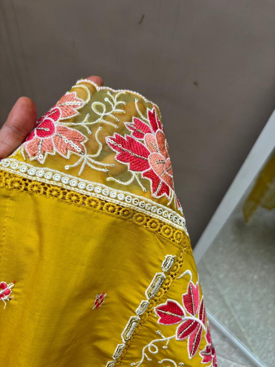 Embroidered Festive Silk Suit with Organza Dupatta- Yellow Glow