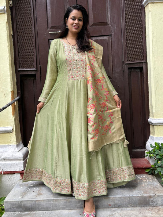 Sunehri Noor Silk Anarkali - Green