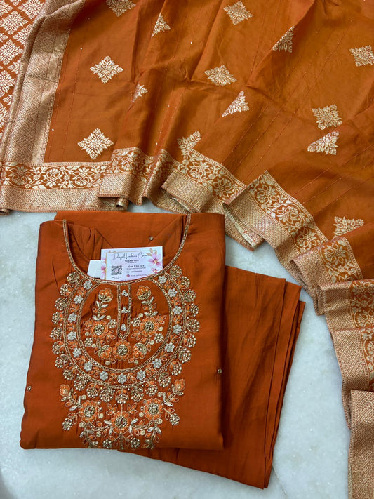 Hand Embroidered Silk Suit - Rust Era