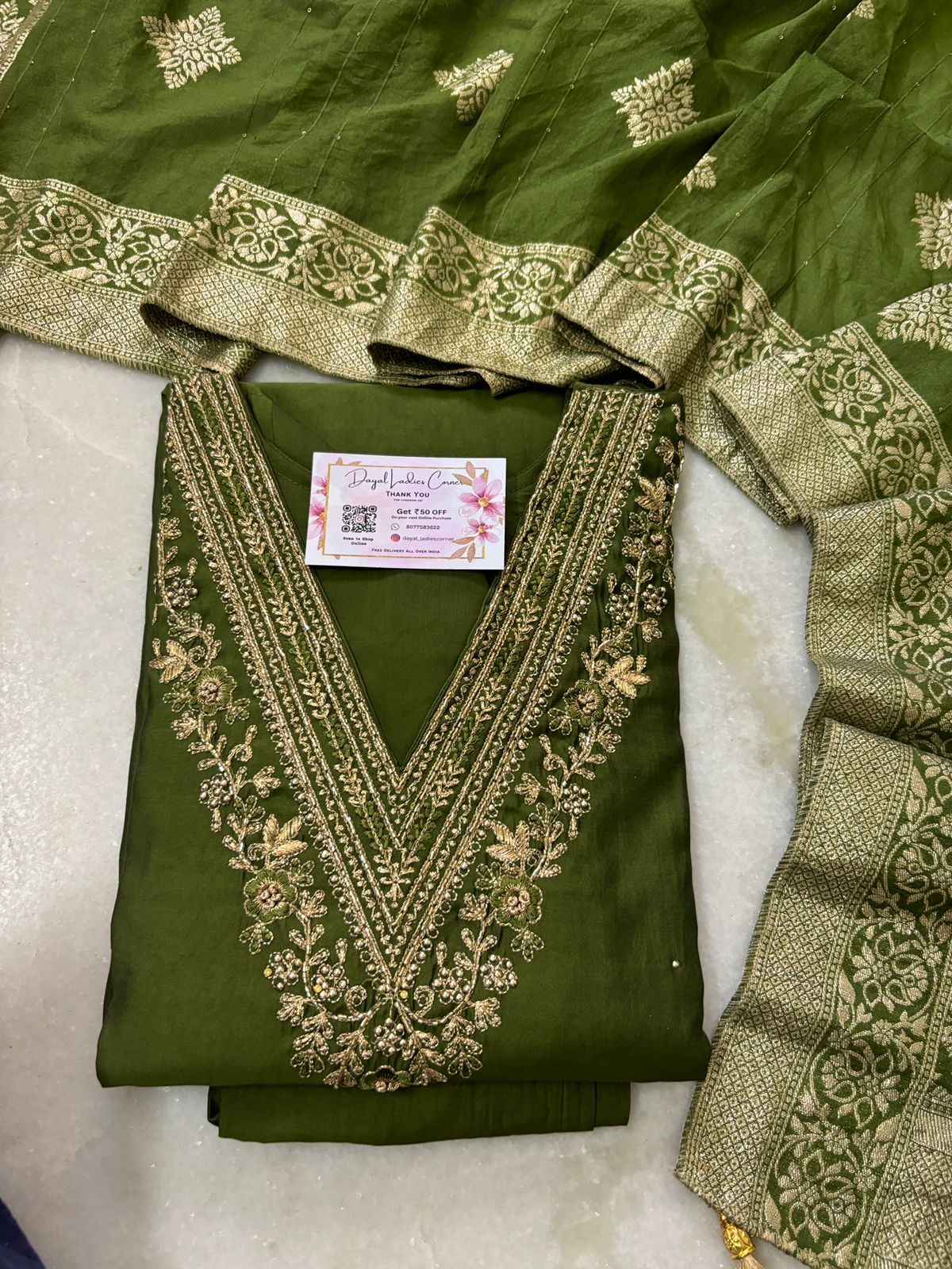 Hand Embroidered Silk Suit - Green
